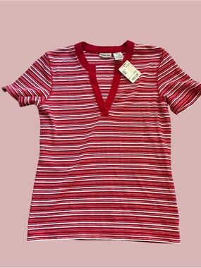 St. John's Bay Red & White Striped V-Neck Short Sleeve Top
